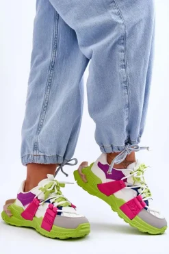 Boto Sneakersy Damskie*Damskie Modne Buty Sportowe Sznurowane Zielono-Różowe Chillout!