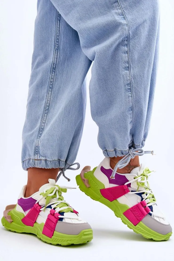 Boto Sneakersy Damskie*Damskie Modne Buty Sportowe Sznurowane Zielono-Różowe Chillout!