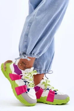 Boto Sneakersy Damskie*Damskie Modne Buty Sportowe Sznurowane Zielono-Różowe Chillout!