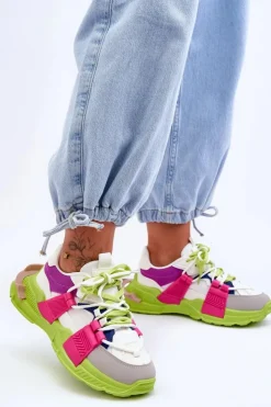 Boto Sneakersy Damskie*Damskie Modne Buty Sportowe Sznurowane Zielono-Różowe Chillout!