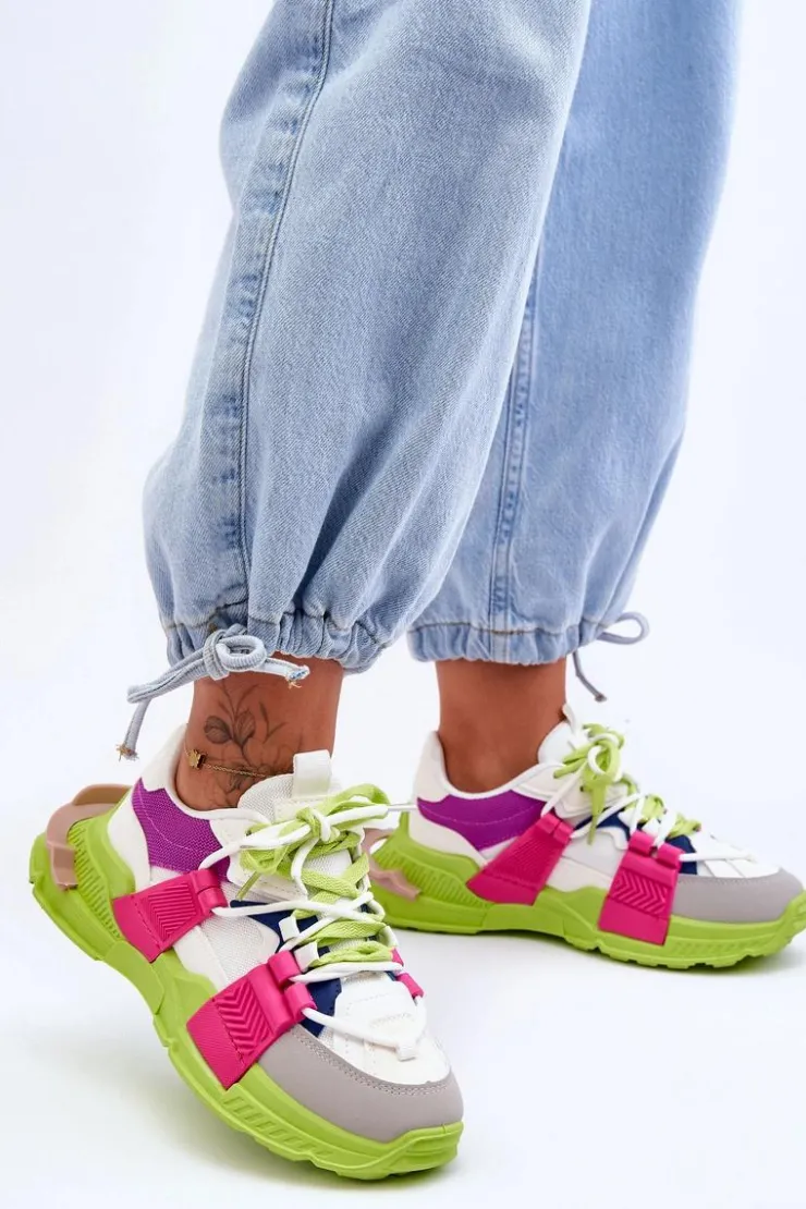 Boto Sneakersy Damskie*Damskie Modne Buty Sportowe Sznurowane Zielono-Różowe Chillout!