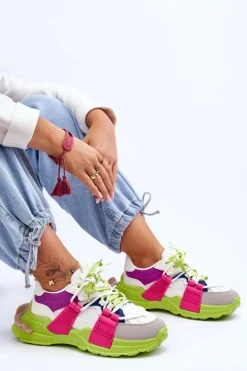 Boto Sneakersy Damskie*Damskie Modne Buty Sportowe Sznurowane Zielono-Różowe Chillout!