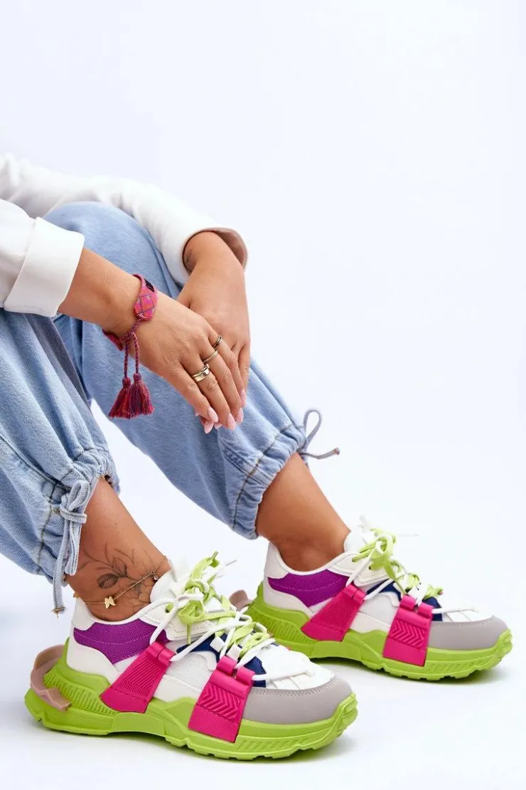 Boto Sneakersy Damskie*Damskie Modne Buty Sportowe Sznurowane Zielono-Różowe Chillout!