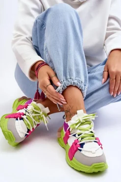Boto Sneakersy Damskie*Damskie Modne Buty Sportowe Sznurowane Zielono-Różowe Chillout!