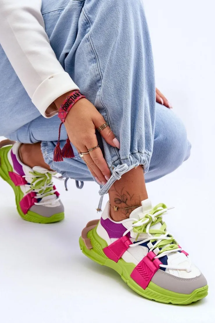 Boto Sneakersy Damskie*Damskie Modne Buty Sportowe Sznurowane Zielono-Różowe Chillout!