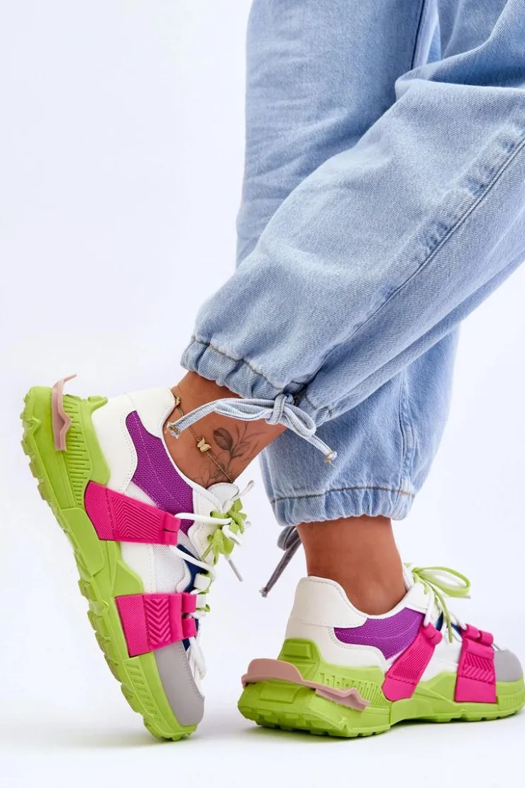 Boto Sneakersy Damskie*Damskie Modne Buty Sportowe Sznurowane Zielono-Różowe Chillout!
