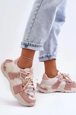 Boto Sneakersy Damskie*Damskie Modne Buty Sportowe Sznurowane Beżowo-Różowe Chillout! Beżowy