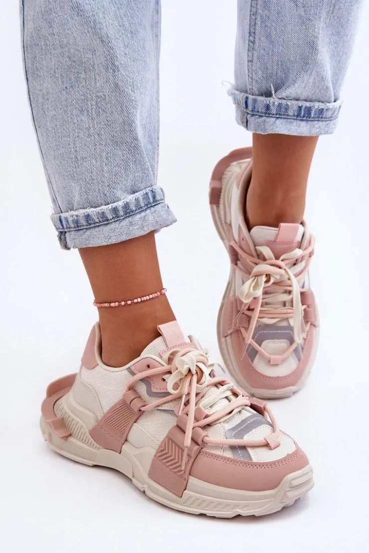 Boto Sneakersy Damskie*Damskie Modne Buty Sportowe Sznurowane Beżowo-Różowe Chillout! Beżowy