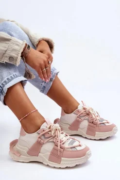 Boto Sneakersy Damskie*Damskie Modne Buty Sportowe Sznurowane Beżowo-Różowe Chillout! Beżowy