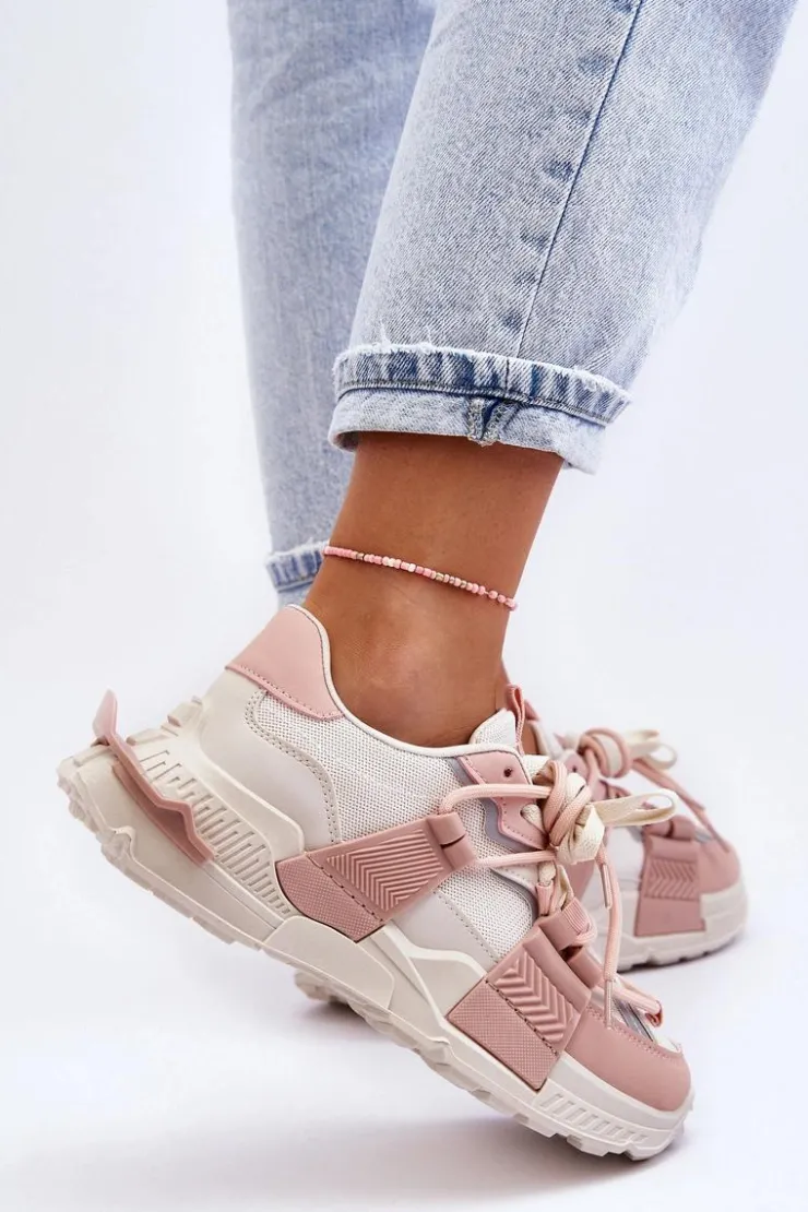 Boto Sneakersy Damskie*Damskie Modne Buty Sportowe Sznurowane Beżowo-Różowe Chillout! Beżowy