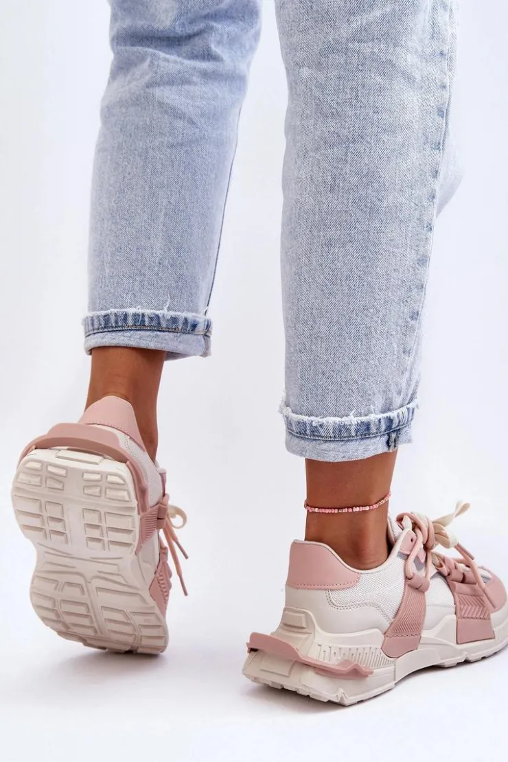 Boto Sneakersy Damskie*Damskie Modne Buty Sportowe Sznurowane Beżowo-Różowe Chillout! Beżowy