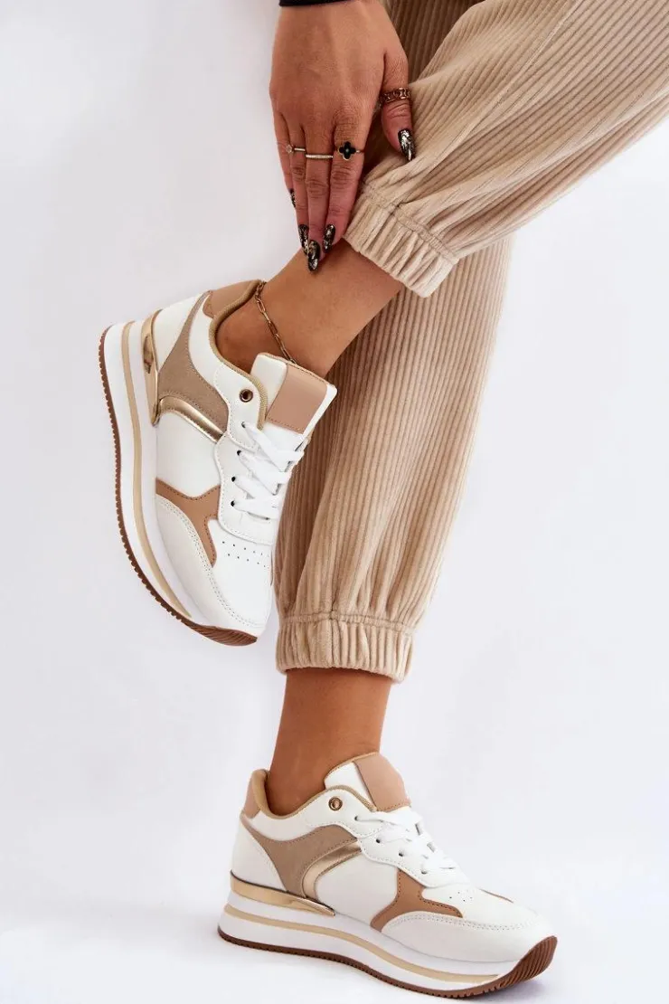 Sale Boto Damskie Modne Buty Sportowe Na Koturnie Biało-Beżowe Yuki