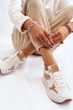 Sale Boto Damskie Modne Buty Sportowe Na Koturnie Biało-Beżowe Yuki