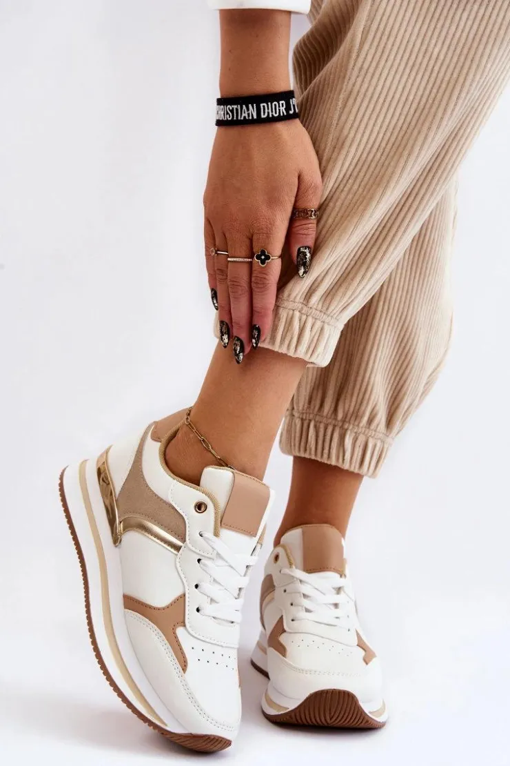 Sale Boto Damskie Modne Buty Sportowe Na Koturnie Biało-Beżowe Yuki