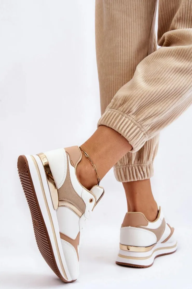 Sale Boto Damskie Modne Buty Sportowe Na Koturnie Biało-Beżowe Yuki