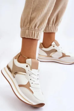 Sale Boto Damskie Modne Buty Sportowe Na Koturnie Biało-Beżowe Yuki