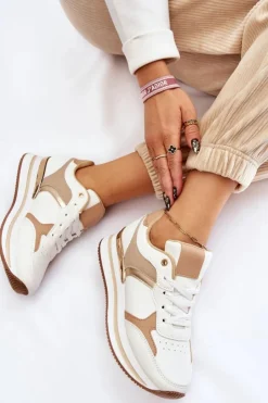 Sale Boto Damskie Modne Buty Sportowe Na Koturnie Biało-Beżowe Yuki