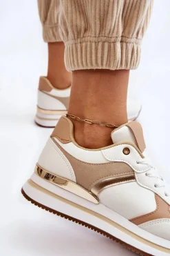 Sale Boto Damskie Modne Buty Sportowe Na Koturnie Biało-Beżowe Yuki