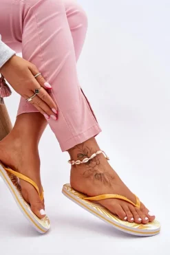 Outlet Big Star Shoes Damskie Modne Klapki Japonki Big Star LL274819 Żółte Żółty