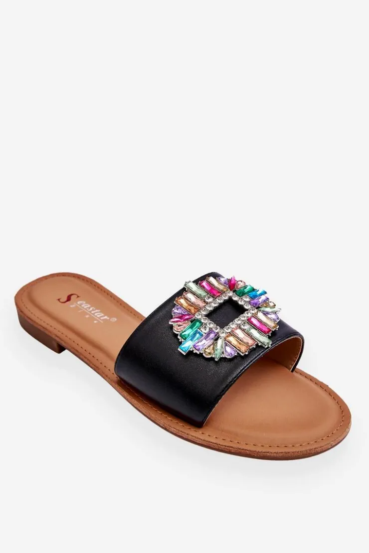 Boto Klapki Damskie Klasyczne*Damskie Modne Klapki Z Ozdobą Czarne Halsey