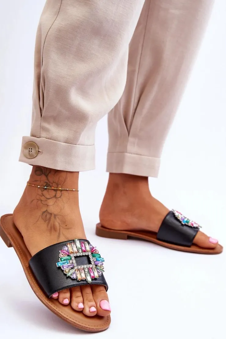 Boto Klapki Damskie Klasyczne*Damskie Modne Klapki Z Ozdobą Czarne Halsey