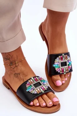 Boto Klapki Damskie Klasyczne*Damskie Modne Klapki Z Ozdobą Czarne Halsey