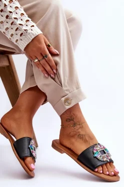 Boto Klapki Damskie Klasyczne*Damskie Modne Klapki Z Ozdobą Czarne Halsey