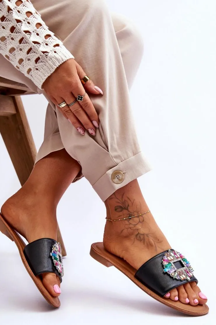 Boto Klapki Damskie Klasyczne*Damskie Modne Klapki Z Ozdobą Czarne Halsey