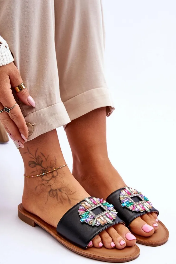 Boto Klapki Damskie Klasyczne*Damskie Modne Klapki Z Ozdobą Czarne Halsey