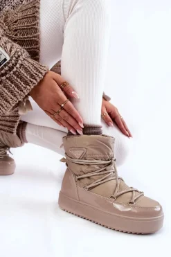 Boto Śniegowce Damskie*Damskie Modne Śniegowce Sznurowane Beżowe Carrios
