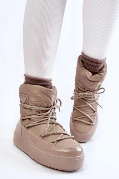 Boto Śniegowce Damskie*Damskie Modne Śniegowce Sznurowane Beżowe Carrios