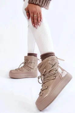 Boto Śniegowce Damskie*Damskie Modne Śniegowce Sznurowane Beżowe Carrios