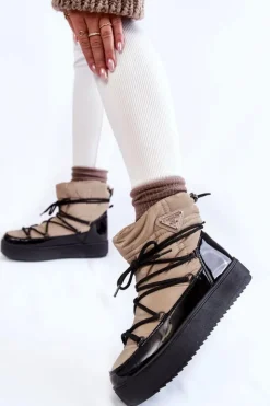 Damskie Boto Damskie Modne Śniegowce Sznurowane Beżowo-Czarne Carrios