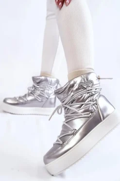 Boto Śniegowce Damskie*Damskie Modne Śniegowce Sznurowane Srebrne Carrios Srebrny