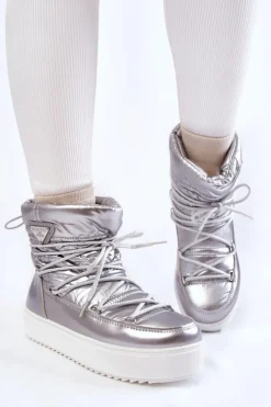 Boto Śniegowce Damskie*Damskie Modne Śniegowce Sznurowane Srebrne Carrios Srebrny