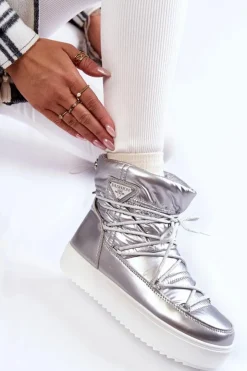 Boto Śniegowce Damskie*Damskie Modne Śniegowce Sznurowane Srebrne Carrios Srebrny