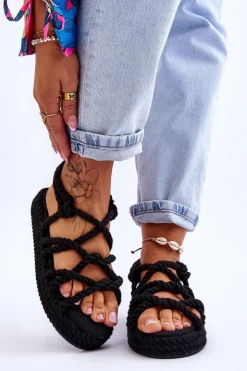Boto Sandały Płaskie*Damskie Modne Plecione Sandały Czarne Tiffanie
