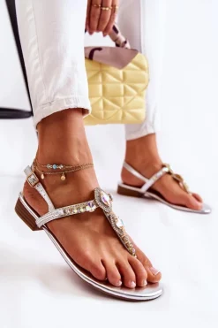 Boto Sandały Płaskie*Damskie Modne Sandały Japonki Z Ozdobnymi Dżetami Srebrne Bellia