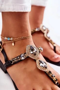 Damskie Boto Damskie Modne Sandały Japonki Z Ozdobnymi Dżetami Czarne Bellia