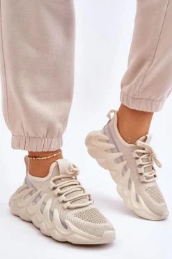 Online Boto Damskie Modne Skarpetkowe Sneakersy Beżowe Daxo