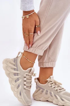 Online Boto Damskie Modne Skarpetkowe Sneakersy Beżowe Daxo