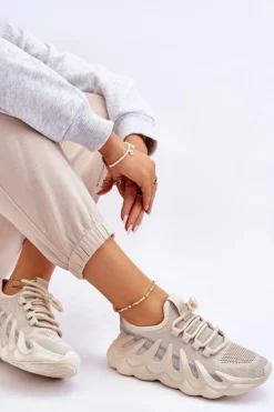 Online Boto Damskie Modne Skarpetkowe Sneakersy Beżowe Daxo