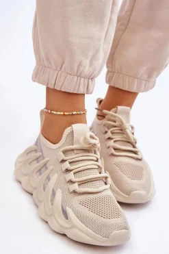 Online Boto Damskie Modne Skarpetkowe Sneakersy Beżowe Daxo