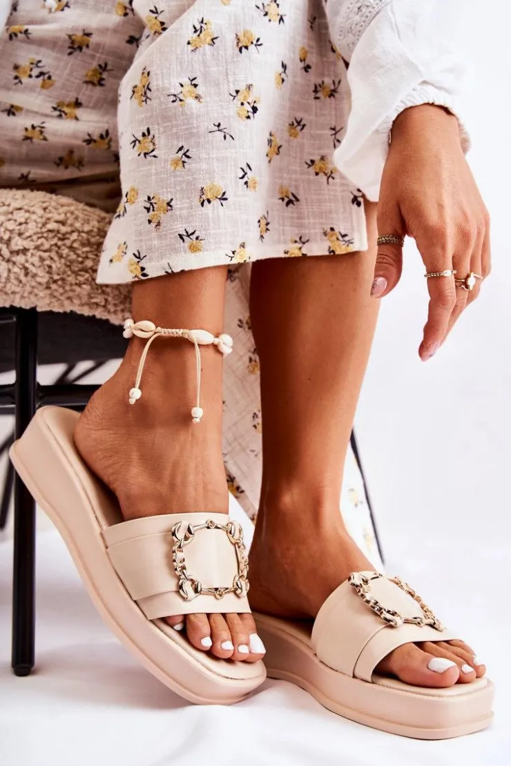 Discount Damskie buty S.Barski Damskie Modne Skórzane Klapki Beżowe Adaline Beżowy