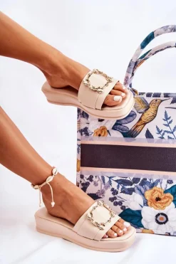 Discount Damskie buty S.Barski Damskie Modne Skórzane Klapki Beżowe Adaline Beżowy