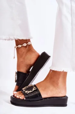 Damskie buty S.Barski Klapki Damskie Klasyczne*Damskie Modne Skórzane Klapki Czarne Adaline Czarny