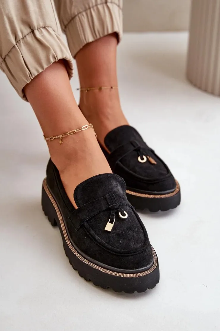 Sale Boto Damskie Mokasyny Eko Zamszowe Ze Zdobieniem Czarne Verindalle