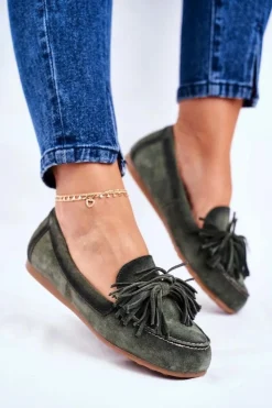 Damskie Maciejka Damskie Mokasyny Skórzane Oliwkowe 04830-24