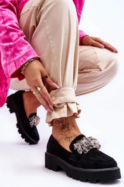 New Boto Damskie Mokasyny Na Platformie Z Ozdobami Czarne Brenda