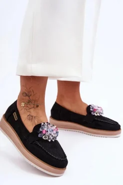 Boto Mokasyny Na Platformie|Mokasyny Damskie Zamszowe*Damskie Mokasyny Na Platformie Z Kamieniami Czarne Elonore